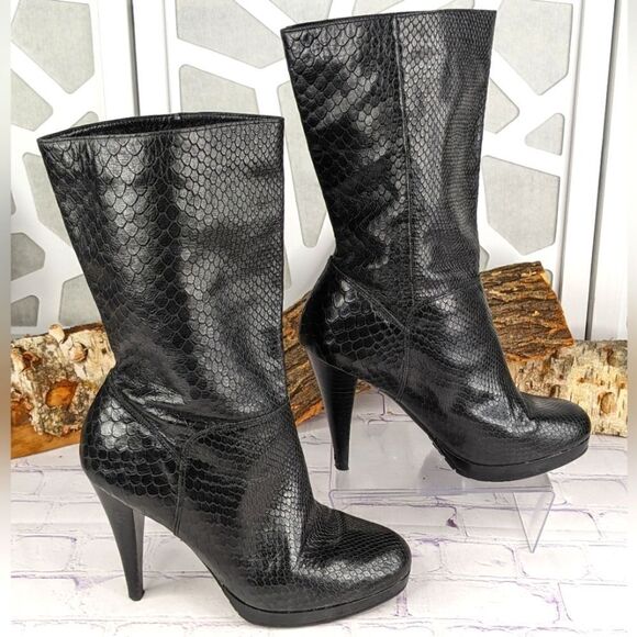 Cole Haan Nike Air Snakeskin Embossed Black Leather Boots with Stiletto Heels - Picture 1 of 10